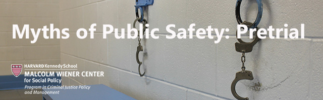 Handcuffs in a jail waiting area; Myths of Public Safety: Pretrial logo