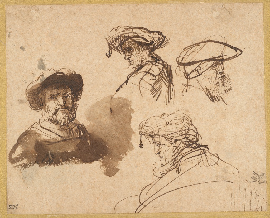 Rembrandt Harmensz. van Rijn, Dutch, Four Studies of Male Heads, c. 1636,  Brown ink and brown wash on cream antique laid paper, The Maida and George Abrams Collection, Fogg Art Museum, Harvard University, Cambridge, Massachusetts, Gift of George Abrams in